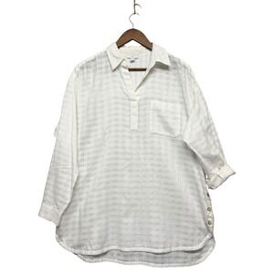 J. Jill Tunic Womens M White Cotton Tonal Check Side Button Split Neck Roll Tab